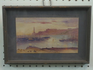 A 19th Century watercolour drawing "Mediterranean Bay with Moored Boats" 4" x 6"