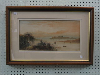 E Lewis, watercolour "Lake Scene with Mountains and Fishing Boats" 7" x 14"