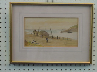 George Suren, 19th Century watercolour "Bay with Figures, Fishing Boats etc" 5" x 8"