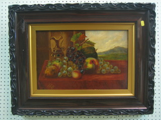 J Spink, Victorian oil on canvas, still life study "Arrangement of Fruit on Windowsill with Mountain Village in Distance" 11 1/2" x 17"