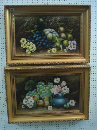E Chesle, a pair of oil paintings on board, still life studies "Fruit" contained in decorative gilt frames 11" x 19"