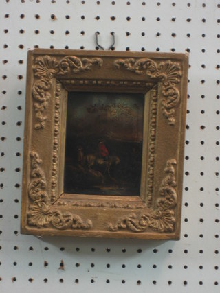 An 18th/19th Century oil painting on board "Figure Riding a Horse" the back with label marked Mountan? 5" x 4"