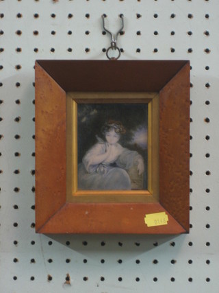 A portrait miniature on ivory "Seated Girl" 4" x 3" contained in a maple frame