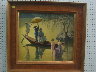 Oil on canvas "Bathing Geisha Girls" monogrammed HPL? contained in a walnut frame 14" x 16"