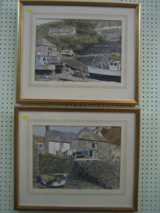 A pair of watercolours "Study of Polperro? with Boats" 10" x 14"