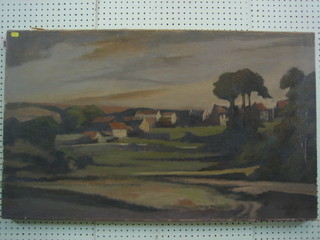 Impressionist oil on canvas "Rural Scene with Trees and Buildings", the reverse marked Arthur Segal 24" x 40"