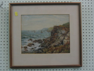 Rex Mortimer, watercolour "Coastal Scene with Rocky Outcrop and Sailing Boats", signed the reverse marked By Whitehaven 9" x 11"