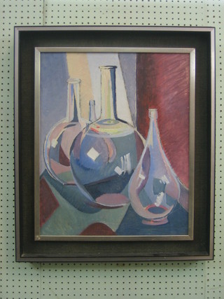 Modern Art, oil on board, still life study "Bottles" the reverse with Margaret Seaton label 22" x 18"