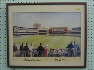 After Alan Fearnley, a coloured print "Lords" signed by David Gower and Alan Border 12" x 18"