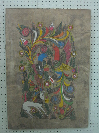 South American  oil painting on a section of veneer "Mythical Birds and Beasts"