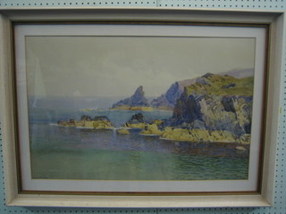 John M Bromley, watercolour drawing "Rocky Coastline with Sailing Ship in Distance" signed  18" x 28"