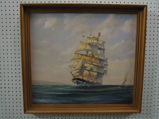 W H Bates, oil on board "Three Masted Ship" signed and dated 1977 17" x 19"
