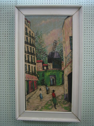 A Continental impressionist oil on canvas "Street Scene with Windmill" 29" x 14 1/2"