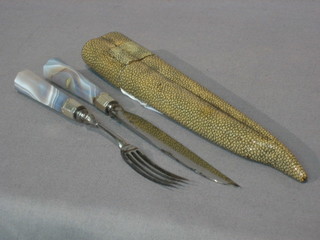 A handsome 18th/19th Century travelling campaign knife set comprising knife and fork with octagonal turned ivory handles contained in a shagreen case