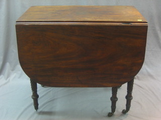 A "Scotts" William IV mahogany drop flap gateleg table, raised on spiral turned supports ending in brass caps and castors 32"