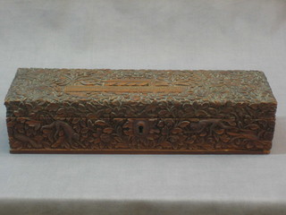 A rectangular Eastern hardwood box with hinged lid decorated a building 11"