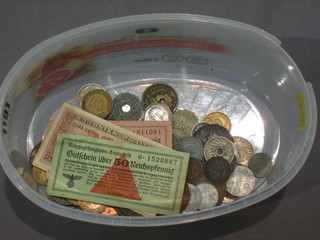 A quantity of various silver coins, paper money etc