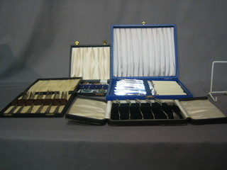 A set of 6 silver plated teaspoons, 2 sets of 6 silver plated pastry forks and a set of 6 silver plated fish knives and forks, all cased
