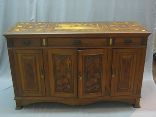 An Edwardian oak and parquetry sideboard, the top inlaid parquetry panels depicting Conway Castle?, the base fitted 1 long drawer flanked by 2 short drawers above a triple cupboard 53"