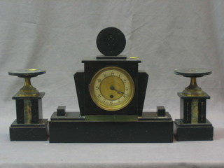 A French black marble 3 piece clock garniture with timepiece and 2 side pieces