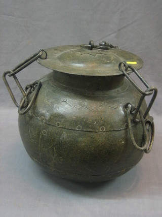 An Eastern metal cylindrical cooking pot and cover 12"