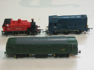 A Triang double headed diesel locomotive in British Railways green livery, a diesel locomotive in blue livery and a Hornby tank engine (3)
