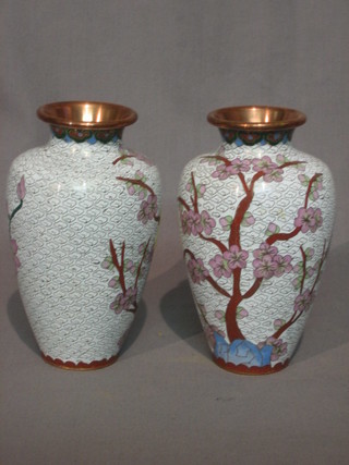 A pair of white ground and floral patterned cloisonne vases with floral decoration 6"