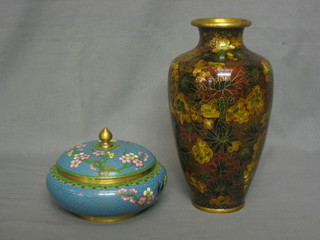 A 20th Century brown and floral pattern cloisonne vase 10" and a blue and floral patterned cloisonne bowl and cover 6"