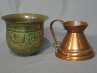 A copper jug 5" and a Benares brass jardiniere 6"