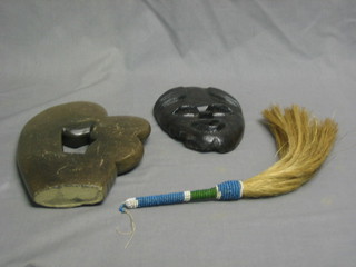 A carved hardstone head and shoulders portrait bust 10", a small Eastern mask 7" and a fly swish