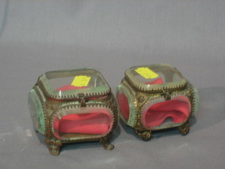 2 Victorian gilt metal and bevelled glass square trinket boxes with hinged lids 3"