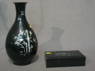An Korean lacquered club shaped vase with mother of pearl decoration 12" and a rectangular lacquered trinket box 7" (2)