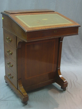 An Edwardian inlaid mahogany Davenport desk with inset tooled leather writing surface, the pedestal fitted 4 long drawers with brass swan neck drop handles 21"