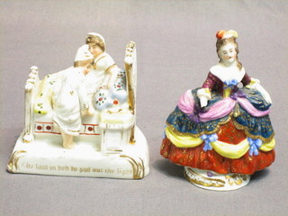 A 19th Century Continental porcelain figure of a standing girl 4" and a reproduction Fairing "Last in to Bed"