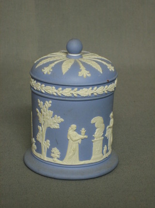 A Wedgwood blue Jasperware trinket box and cover, the base impressed 69, 5"