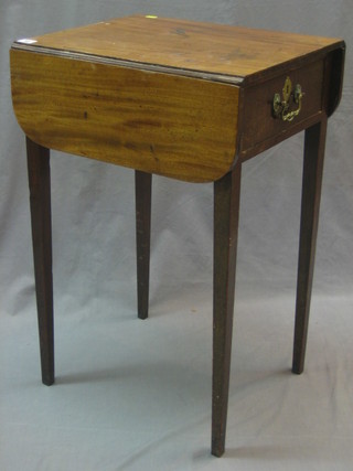 A 19th Century mahogany drop flap work table fitted a drawer with brass swan neck drop handles, raised on square supports 19"