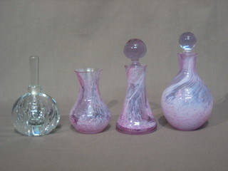 2 Caithness coloured glass scent bottles, a matching vase and a clear glass scent bottle
