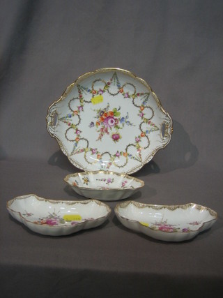 A late Dresden twin handled bowl 9", 2 crescent shaped dishes 5" and a circular dish 5"