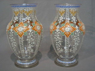 A pair of overlay glass vases with floral enamelled decoration 10"