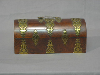 A Victorian figured walnut trinket box with hinged lid and pierced brass embellishments 10"
