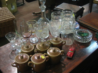 A cut glass club shaped decanter, an Imari pattern Ironstone plate and a small collection of ceramics and glassware