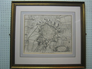 An 18th Century black and white map of Bethune 16" x 19" the reverse with Church Gallery label