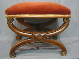 A 19th Century mahogany X framed stool with upholstered seat 21"