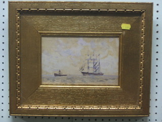 Tomc, 19th Century watercolour drawing "Three Masted Ship with Steam Tug" signed and dated 1907 6" x 8"