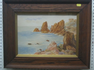 Watercolour  drawing "Cornish Scene - Seascape with Rocky Outcrops, Fishing Boats, Radio Station" 9" x 13" contained in an oak frame
