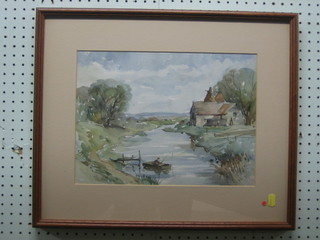 Watercolour drawing "Figure Fishing with Oast House" 10" x 13"