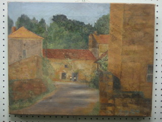 Oil painting on canvas "Impressionist Continental Street Scene with Figures" monogrammed SES 14" x 18" unframed