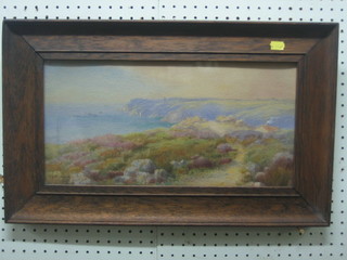 O G Blampaed, impressionist watercolour "Shore Scene with Cliffs in Distance" 8" x 17" in an oak frame