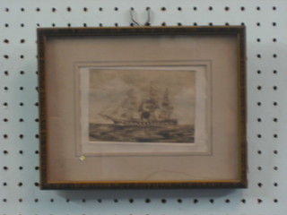 18th/19th Century etching "Three Masted Clipper in Full Sail" 3" x 5"