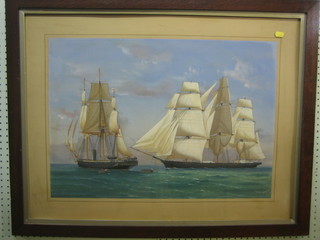 De Simone, an 18th/19th Century watercolour drawing "Two British Naval Three Masted Sailing Ships with Tenders" 18" x 25 1/2"